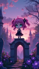 Cute Anime Girl in Gothic Dress at Twilight Cemetery