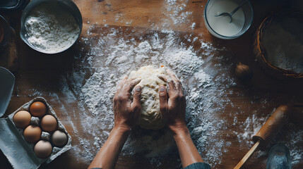 Meticulously kneading dough with hands on a rustic wooden countertop covered in flour.