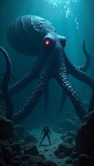 Diver Encounters Giant Octopus in Deep Ocean