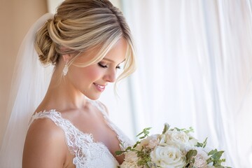 A beautiful bride's wedding smiling quietly with a bouquet. Generative AI

