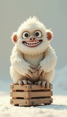 Happy Yeti Sitting on Wooden Crate