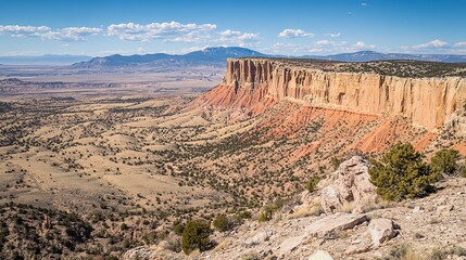 Panoramic view of a vast, arid landscape featuring a dramatic, towering sandstone cliff face, stretching across the horizon under a clear blue sky.  