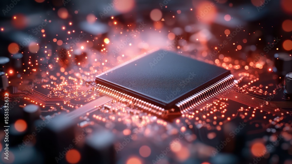 Poster a close-up image showcasing a modern computer chip surrounded by glowing circuitry and sparks, repre