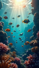 Vibrant Underwater Coral Reef Scene with Tropical Fish