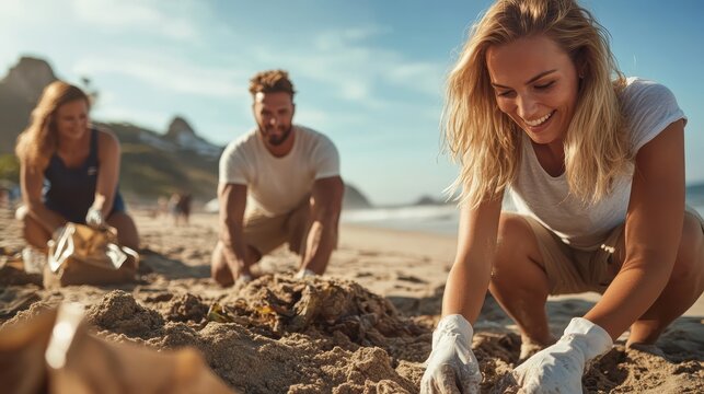 Three volunteers actively participate in a beach cleanup, collecting trash and showcasing community effort and environmental responsibility in a scenic coastal setting. - Powered by Adobe