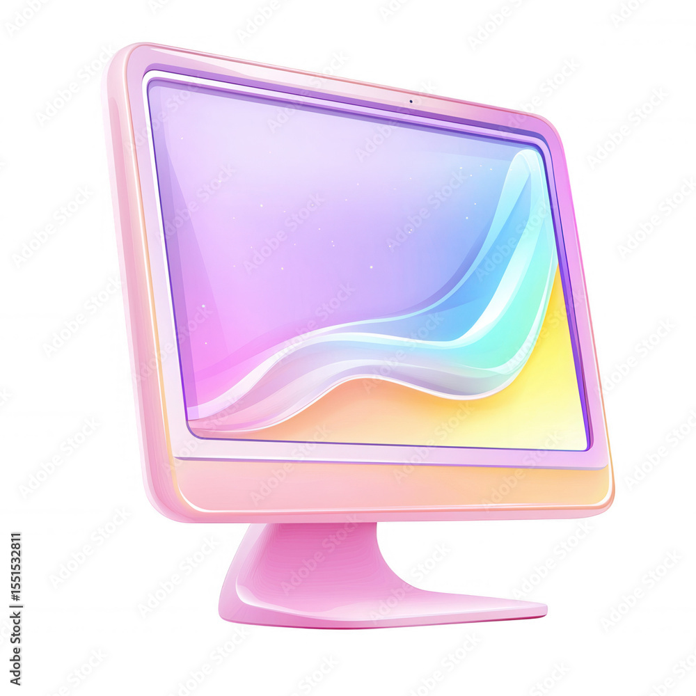 Poster 3d icon pink computer monitor with iridescent screen displaying abstract colorful background, on a t
