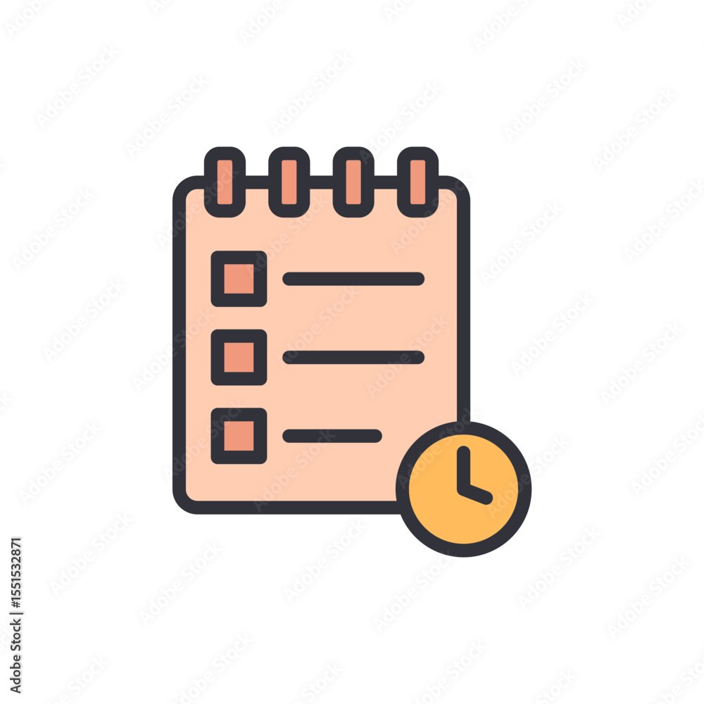 Poster styled reminder notepad with clock indicating deadline and task priority