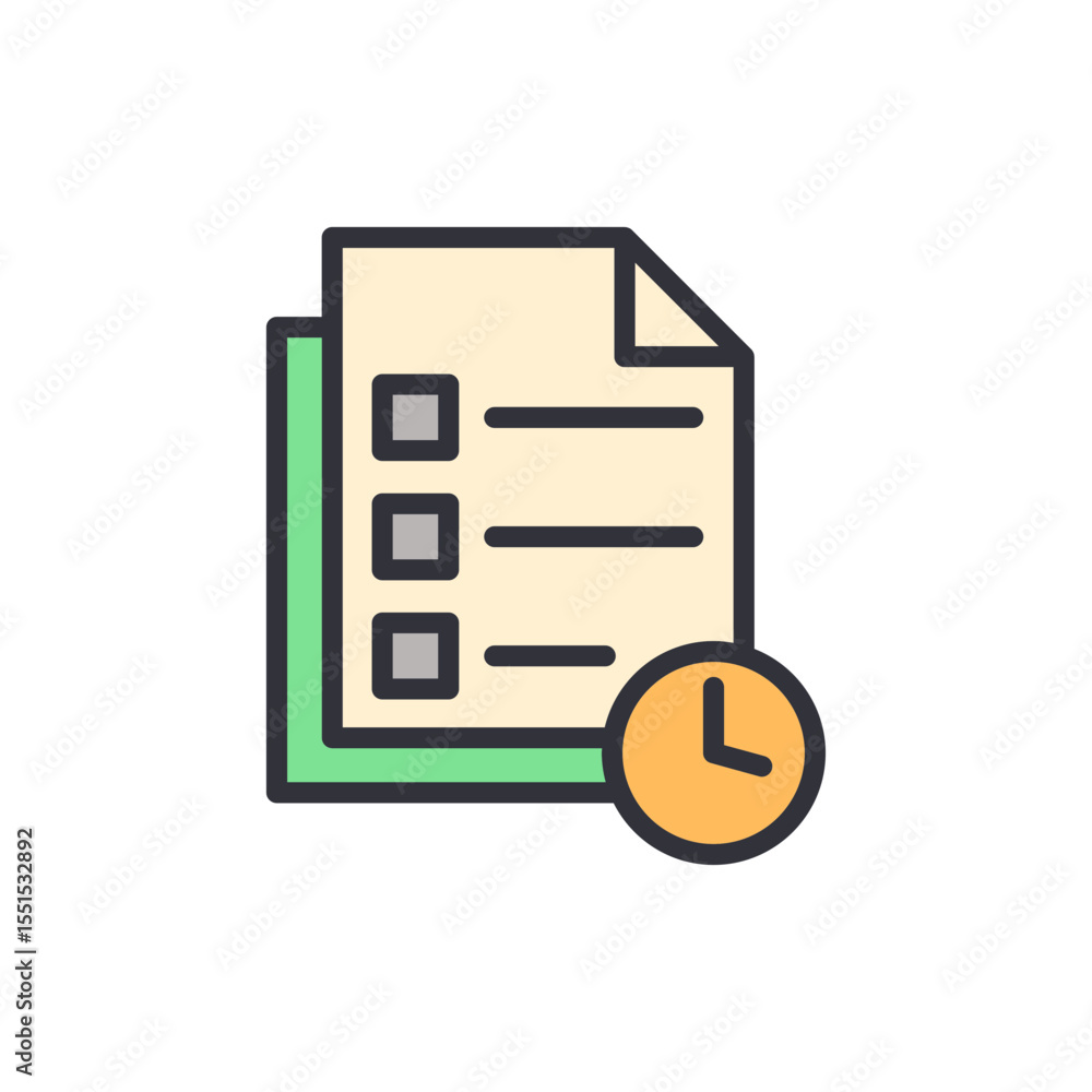 Poster list with checkbox symbols accompanied by a circular timepiece