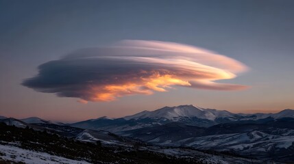 Dramatic and ethereal lenticular cloud formation floating above a snowy mountainous landscape at sunset with soft pastel light reflecting across the scene