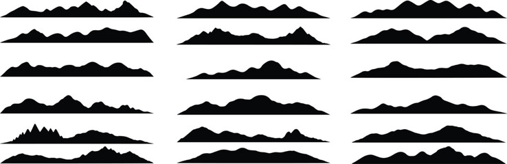 Mountain silhouette, Black rock, hill, and mountain silhouettes, Extreme hiking nature border, Large mountain silhouette pack © VectorGrid