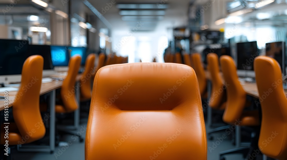 Poster rows of computer workstations in a sleek minimalist office environment with a central focus on an or