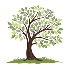 Obraz premium Stylized illustration of a lush green tree with red berries and detailed leaves on a white background with grass at the base