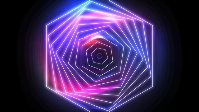 Video animation of a hexagonal tunnel, colorful iridescent neon geometry, glowing hypnotic twist background. Motion of stroboscopic psychedelics hexagons, rotating spiral of lights on black banner
