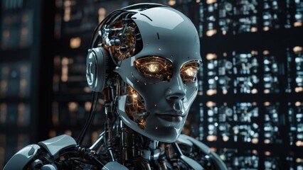 Close-up of a Sophisticated Female Robot Looking Forward with Glowing Eyes