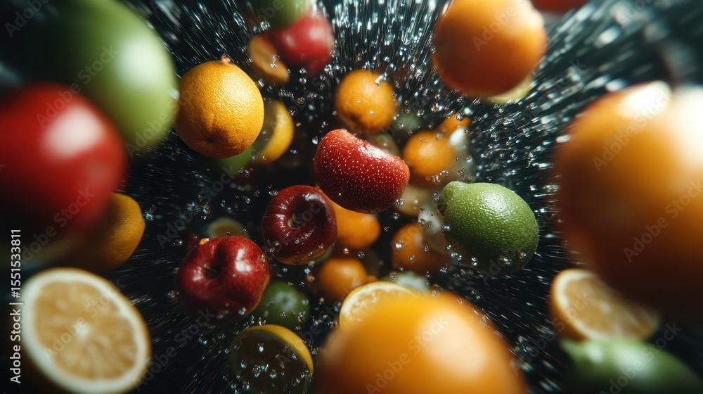 Poster a dynamic scene of various fruits being splashed with water creates an invigorating and refreshing a