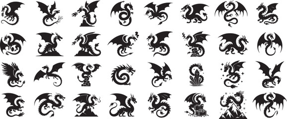 Fototapeta premium Big collection set of dragon with various poses black silhouette vector icon desgin collection