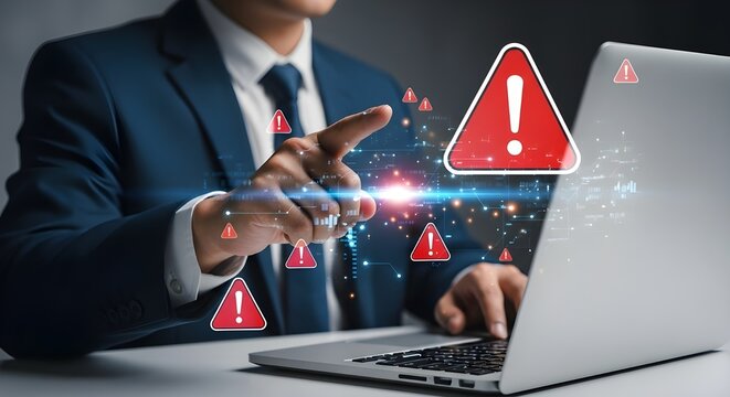 Cyber Security Threat Alert with Exclamation Point on Laptop | Business Risk Warning, Security Breach Concept for Data Protection and Virus Detection