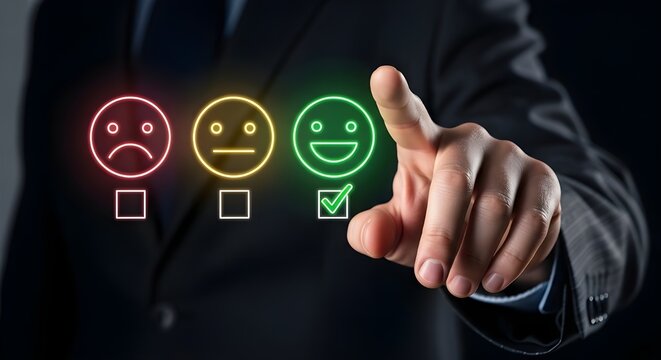 Customer Satisfaction Survey with Smiling Faces and Hand Pointing | Feedback Form for Business Evaluation, Rating and Quality Control