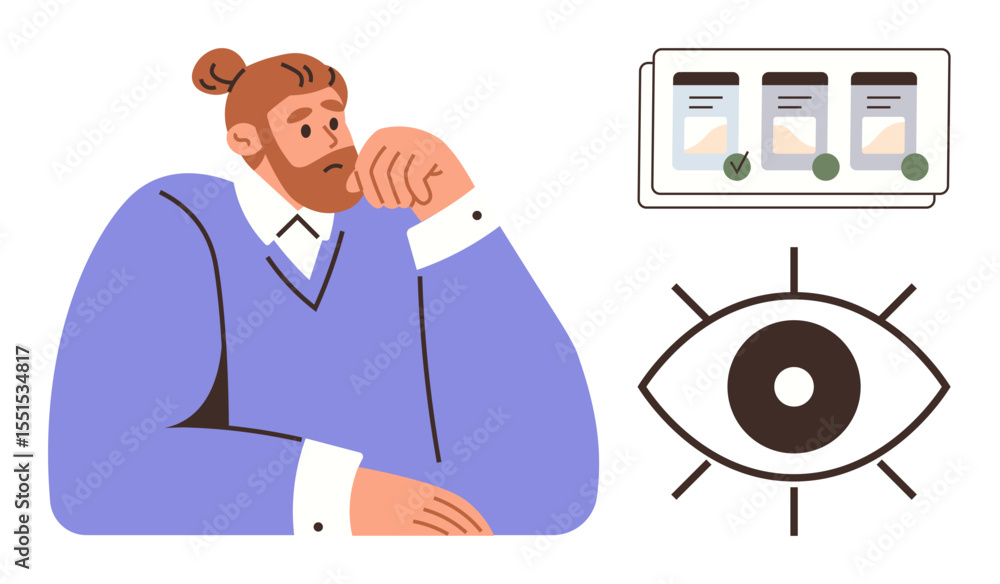 Poster man deep in thought, reflecting on choices with option cards and an eye symbol. ideal for decision-m
