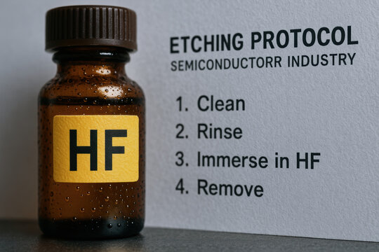 Etching protocol for semiconductor industry production includes cleaning rinsing immersing in hydrofluoric acid and removing residues carefully