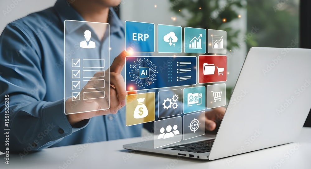 Poster erp ai cloud technology interface on transparent screen | businessman managing business data on lapt