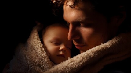 A tender close up portrait of a father gently holding and embracing his baby wrapped in a warm blanket conveying a deep sense of love comfort and between the two
