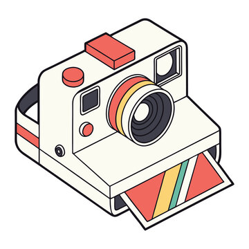 Retro instant camera with a colorful photo print emerging from the slot depicted in a clean isometric illustration style