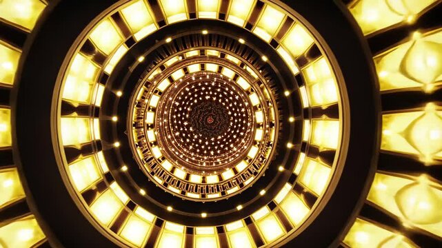 An abstract, mandala-like pattern of bright golden lights on a dark background, concept of light and energy, footage.