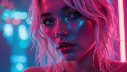 Close-up Portrait of a Woman with Blonde Hair in Neon Light