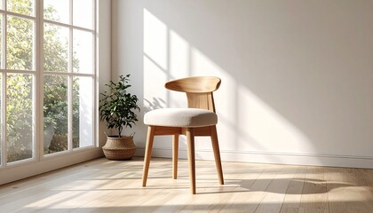 Elegant stool with monochrome fabric and wood arched backrest, balanced in a wide, minimalistic space