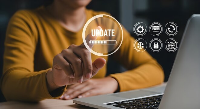 Software Update Interface with Woman Touching Screen | Concept for Technology, Systems, and Security Improvement - Powered by Adobe