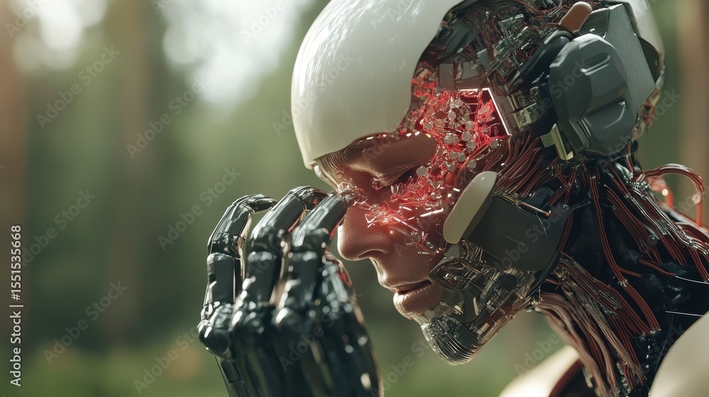 Poster a close-up of an advanced humanoid robot emphasizes the intricate circuitry and technology within, s