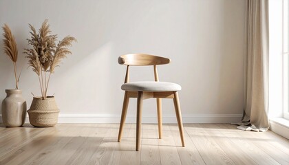 Elegant stool with monochrome fabric and wood arched backrest, balanced in a wide, minimalistic space