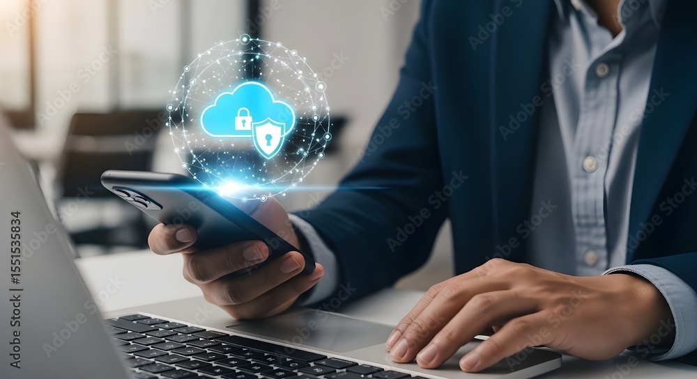 Poster cloud computing security on smartphone | data protection and cybersecurity illustration for business