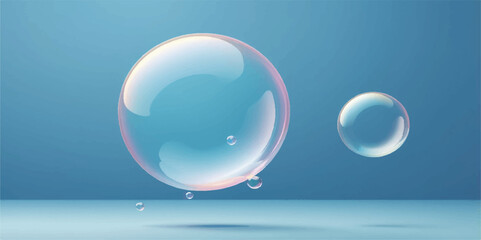 Blue glass spheres reflect light, showing transparent water drops and air bubbles