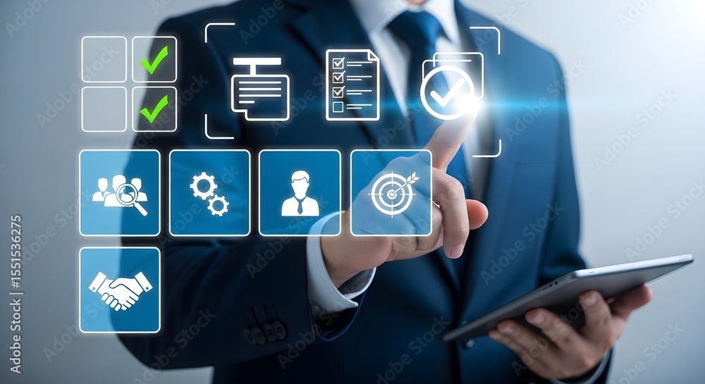 Poster business process automation with businessman touching digital icons | efficiency and streamlining in