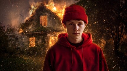 Teenage boy in red hoodie and beanie stands with a stoic expression as a house behind him is engulfed in dramatic flames and smoke