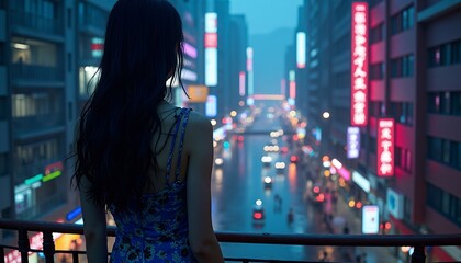 Woman in Blue Dress Overlooking a Rainy City at Night