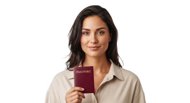 Confident Latin American Woman Holding Red Passport on Transparent Background
