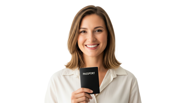 Smiling Woman Holding Black Passport for International Travel or Immaigration on Transparent Background
