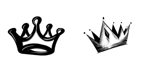 Elegant queen or king crowns in simple graffiti crowning style are depicted in a hand drawn modern illustration as a sketch crown