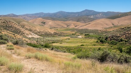 Naklejka premium Panoramic view of a serene valley nestled between arid hills and distant mountains under a clear blue sky. Lush greenery thrives in the valley bottom, contrasting with the dry landscape