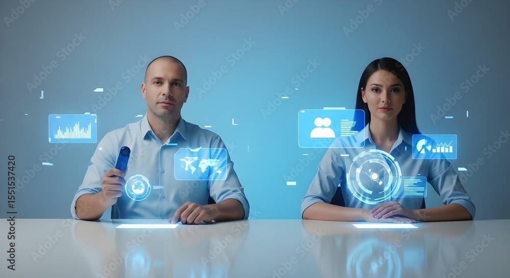 Aufkleber virtual meeting with data visualization overlays | business colleagues using interactive holographic