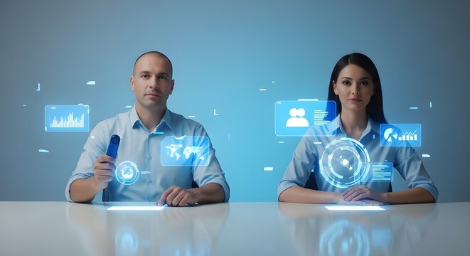 Virtual Meeting with Data Visualization Overlays | Business Colleagues Using Interactive Holographic Technology for Collaboration and Reporting