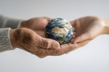 Two hands of different ages gently holding small globe on soft white background