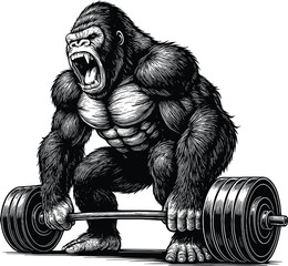Gorilla weight lifting vector black silhouette print design