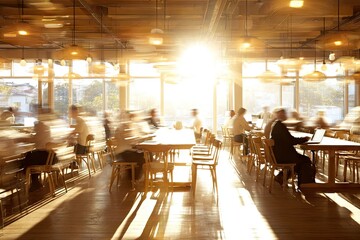 Busy, sunlit communal dining area