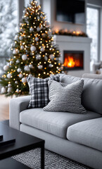 Cozy living room with gray sofa adorned with patterned pillows, decorated Christmas tree in background, warm fireplace glowing, creating inviting holiday atmosphere