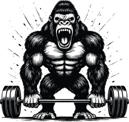 Gorilla weight lifting vector black silhouette print design