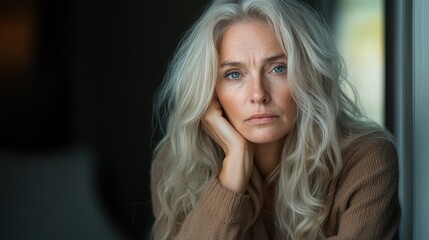 A contemplative middle-aged woman gazes thoughtfully out the window, capturing the essence of introspection, emotion, and human connection in this beautifully lit shot.
